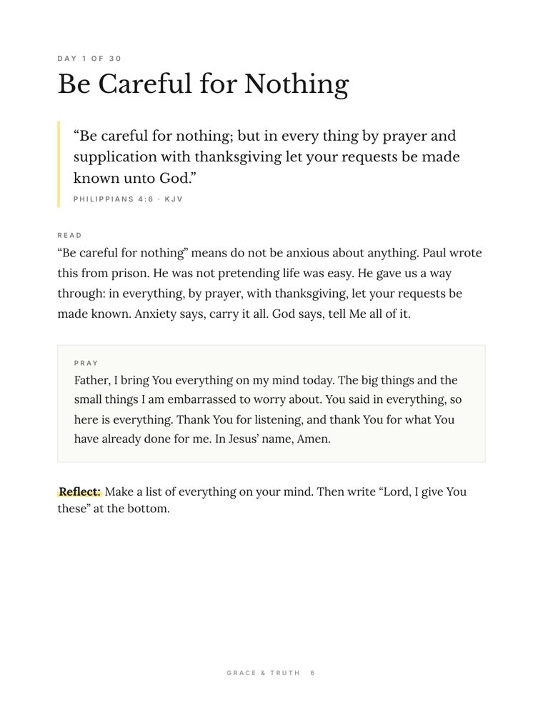 Prayers for Anxious Hearts: Day 1: KJV verse, reading and prayer (page 6)