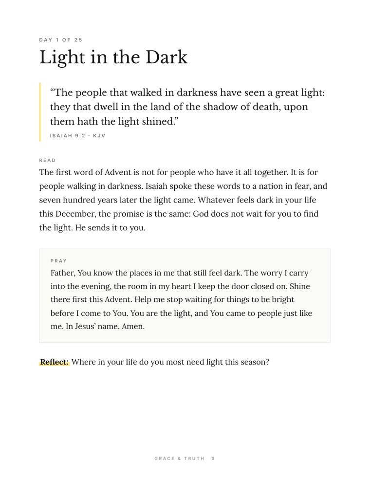 The Light Is Coming: Day 1: KJV verse, reading and prayer (page 6)